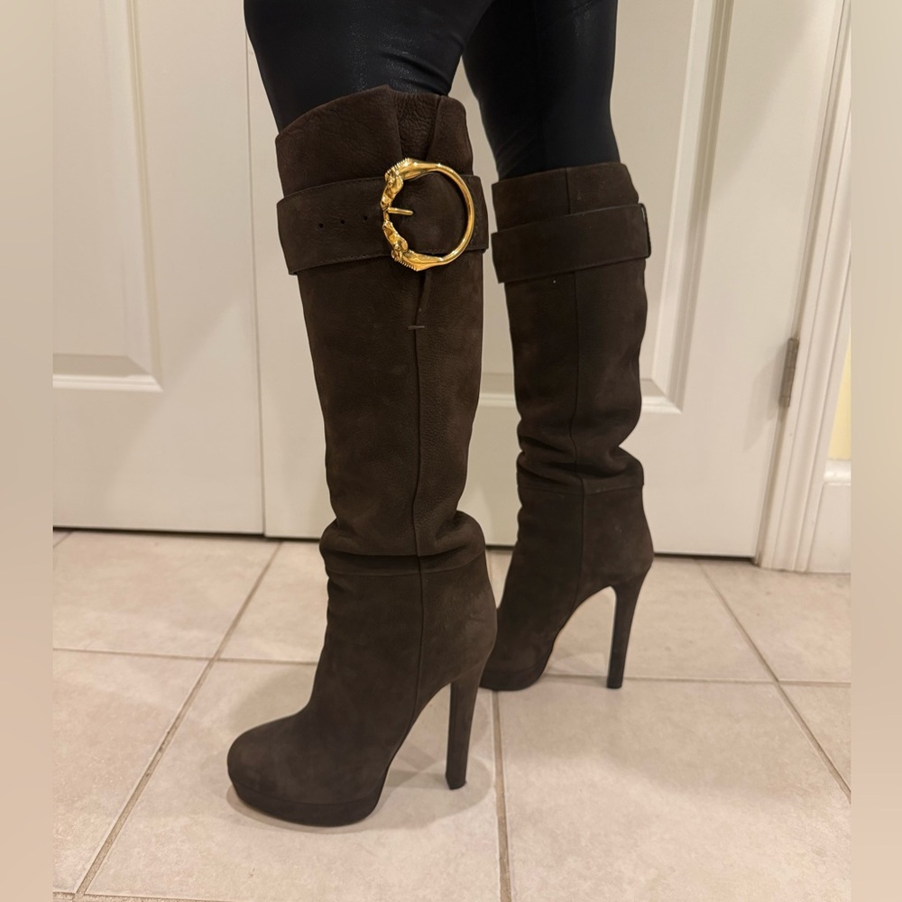 Gucci Dark Brown Suede Over-the-Knee Heeled Boots